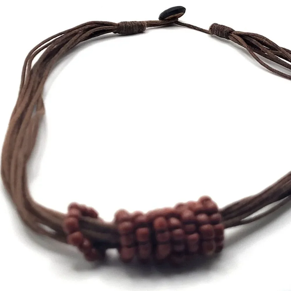 Bohemian Artisan Brown Multilayer Brown Corded Beaded Necklace 18in